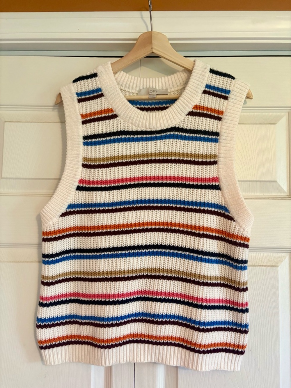 LOFT Cream Striped Knit Vest/Top with Blue, Brown and Orange Accents